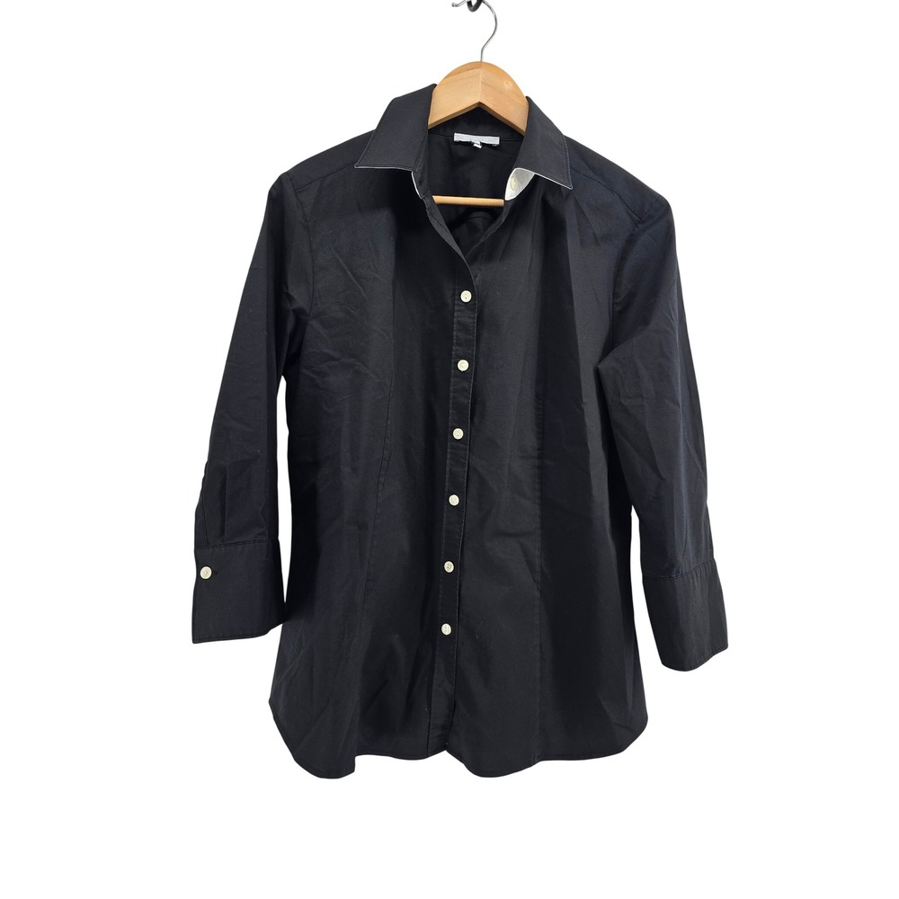 Hinson Wu Shirt Womens 12 3/4 Sleeve Black Contrast Trim Button Down EUC